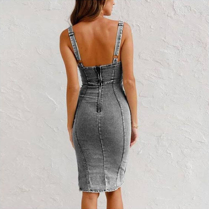 U-Neck Slim Fit Denim Summer Dress Summer With Slit