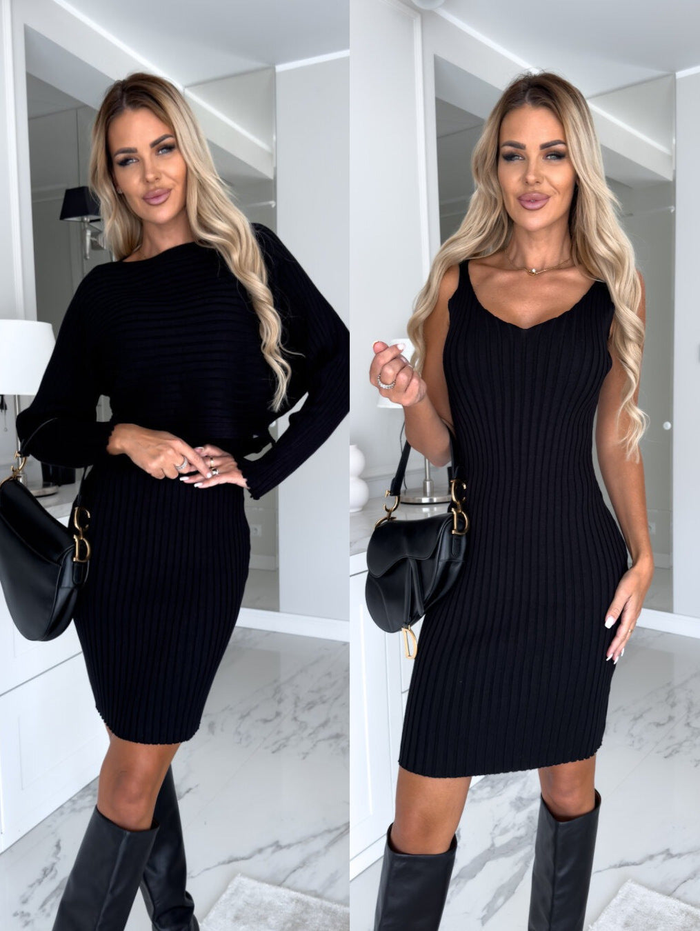 2pc Solid Stripe Slim Fit Dress with Long Sleeve Top