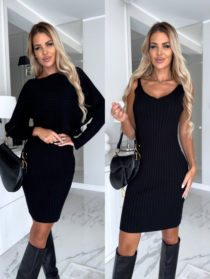 2pc Solid Stripe Slim Fit Dress with Long Sleeve Top