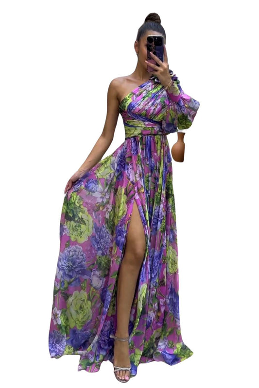 HOT! Lantern Sleeve Single-Shoulder High Slit Floral Maxi Dress
