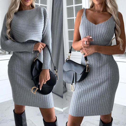 2pc Solid Stripe Slim Fit Dress with Long Sleeve Top