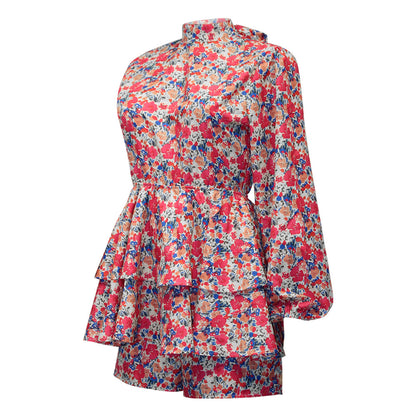 Long Sleeve Floral Ruffle Open Back Casual Dress