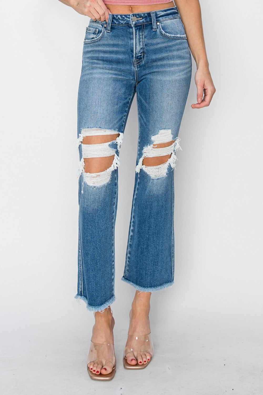 RISEN Mid Rise Distressed Cropped Flare Jeans