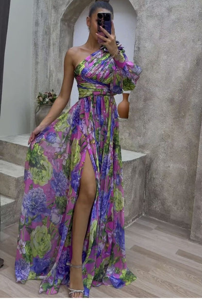 HOT! Lantern Sleeve Single-Shoulder High Slit Floral Maxi Dress